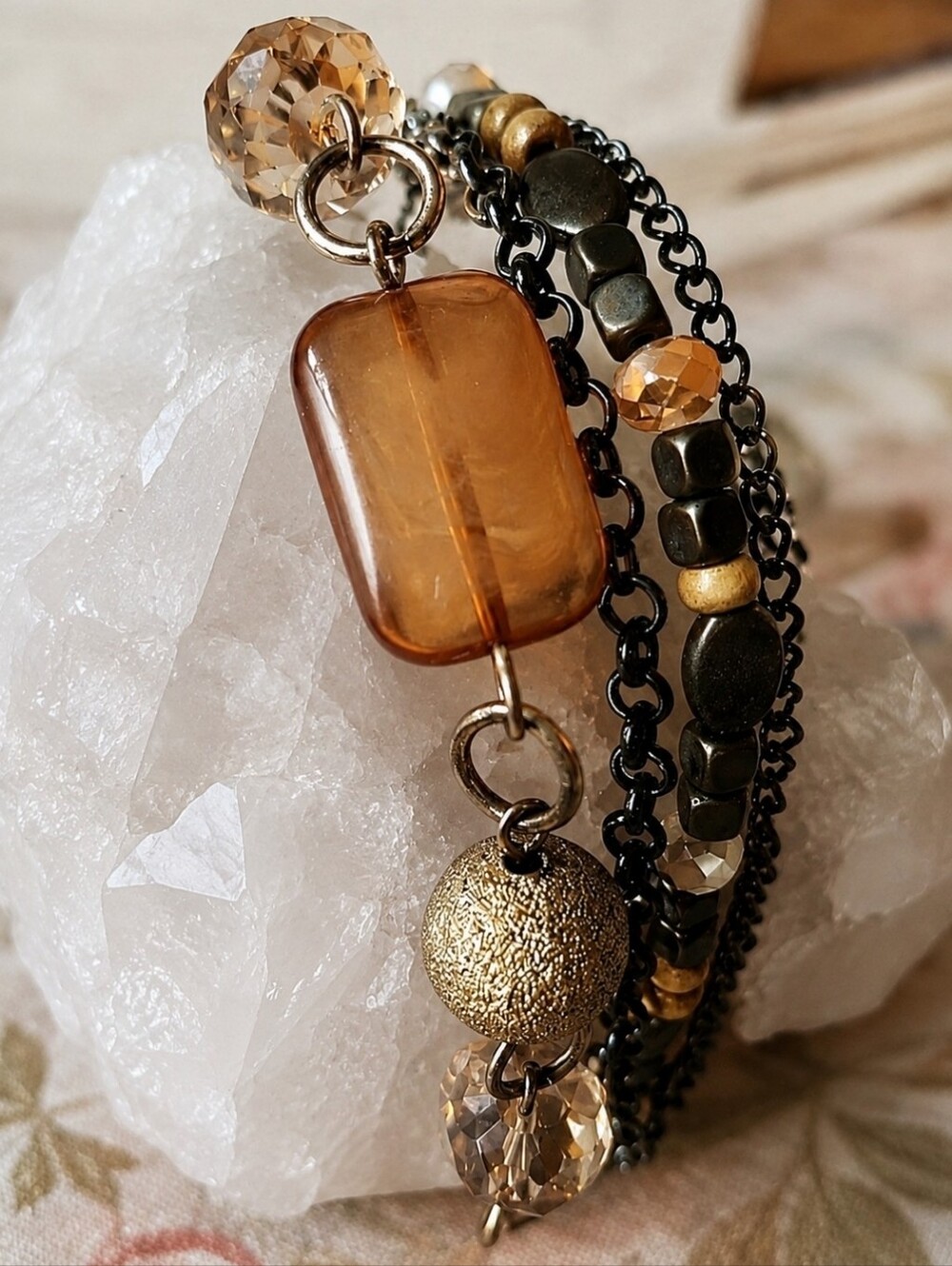 Rectangle Swirled Lucite Peach Faceted Beaded Multiple Strand Bracelet Vintage